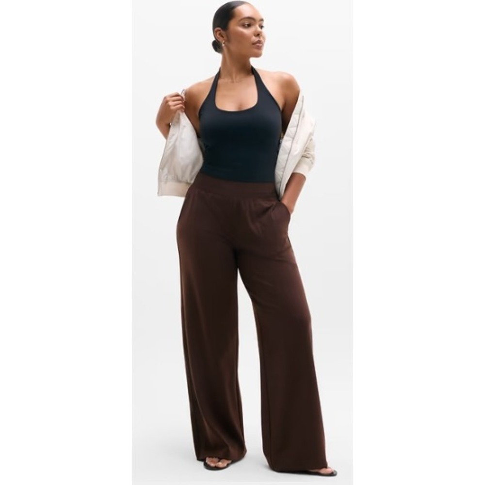 Athleta Venice Wide Leg Pant Chocolate Brown High Rise Ribbed Waist XXS Pockets